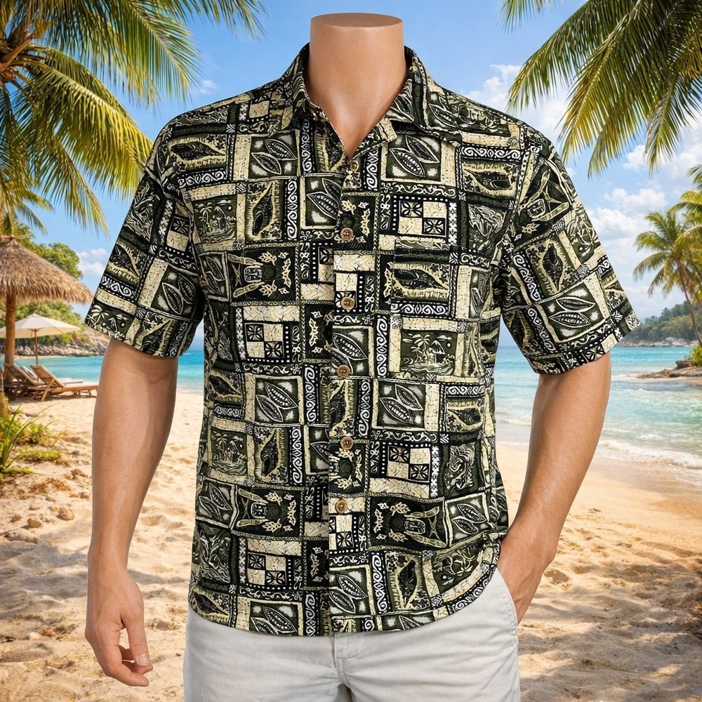 Ocean Pacific Hawaiian Aloha Shirt Small Seashells Tiki Gamefish Tribal‎